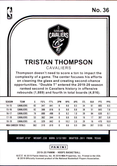 2019-20 Hoops #36 Tristan Thompson back image