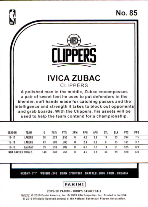 2019-20 Hoops #85 Ivica Zubac back image