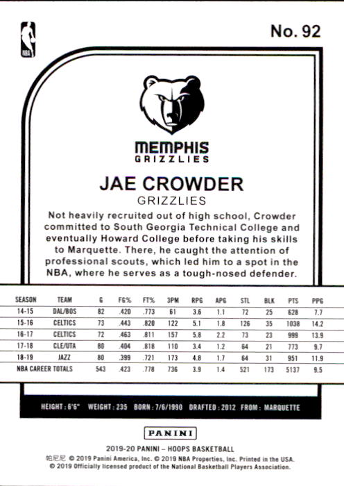 2019-20 Hoops #92 Jae Crowder back image