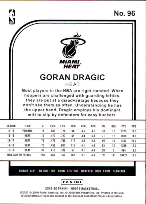 2019-20 Hoops #96 Goran Dragic back image
