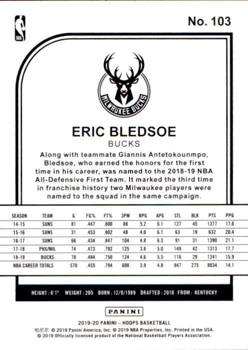 2019-20 Hoops #103 Eric Bledsoe back image