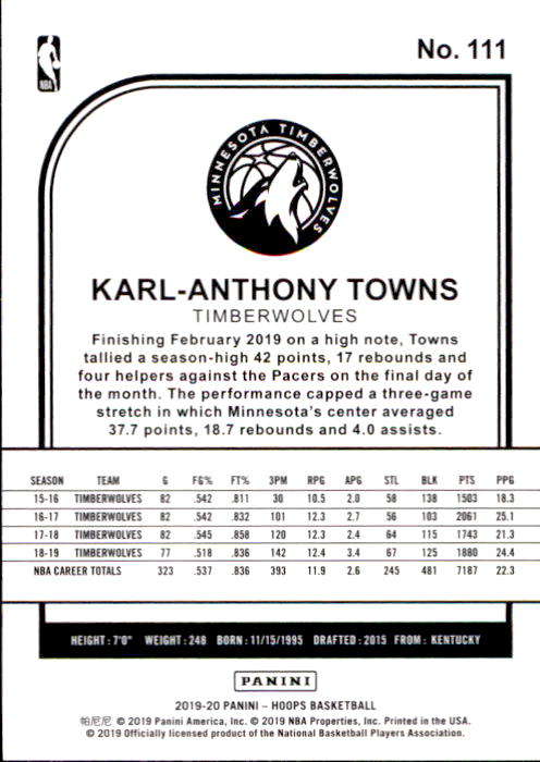 2019-20 Hoops #111 Karl-Anthony Towns back image