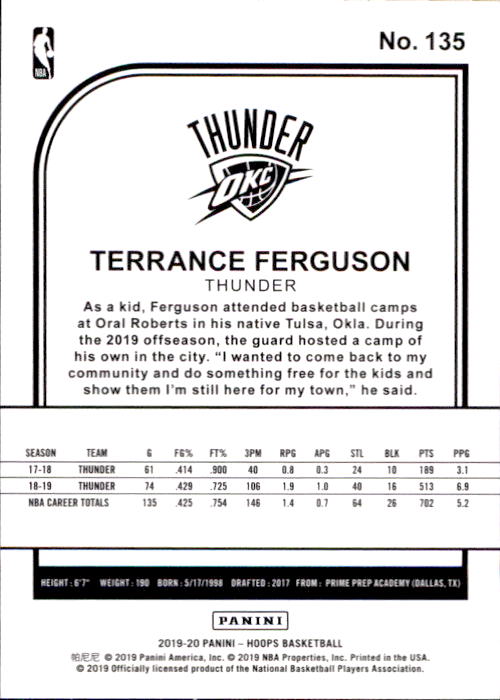 2019-20 Hoops #135 Terrance Ferguson back image