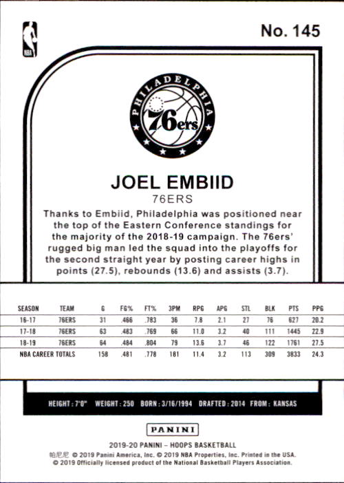 2019-20 Hoops #145 Joel Embiid back image