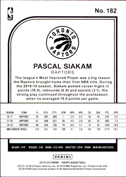 2019-20 Hoops #182 Pascal Siakam back image
