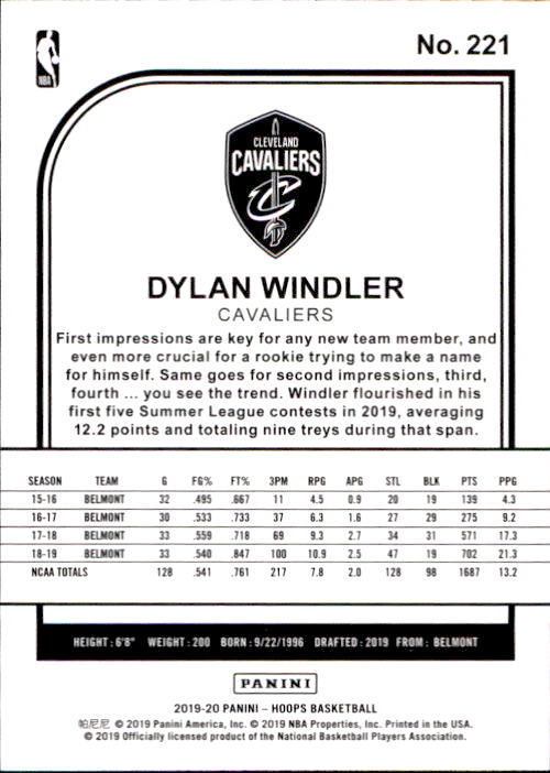 2019-20 Hoops #221 Dylan Windler RC back image