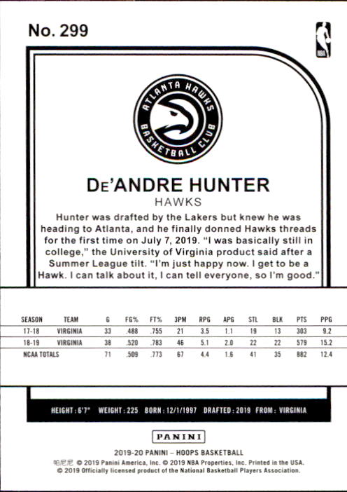 2019-20 Hoops #299 De'Andre Hunter back image