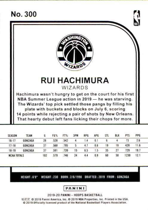 2019-20 Hoops #300 Rui Hachimura back image