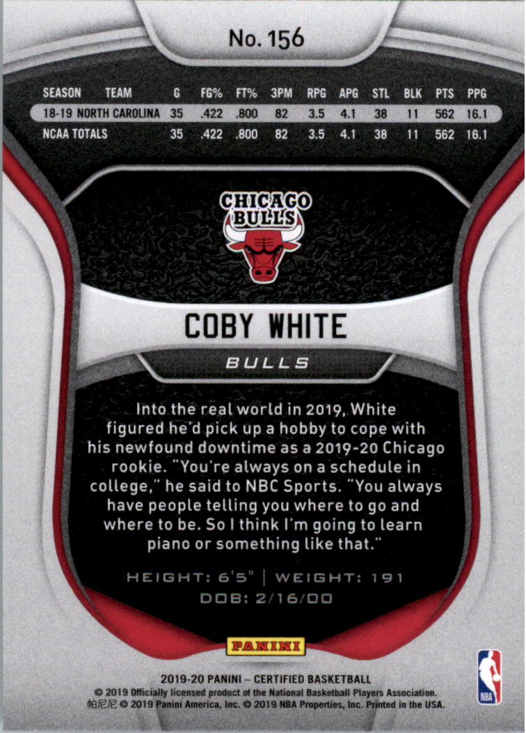 2019-20 Certified #156 Coby White RC back image