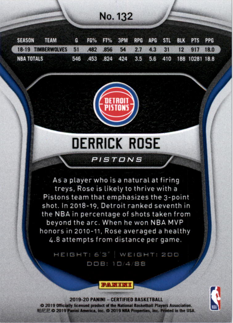 2019-20 Certified Mirror Blue #132 Derrick Rose back image