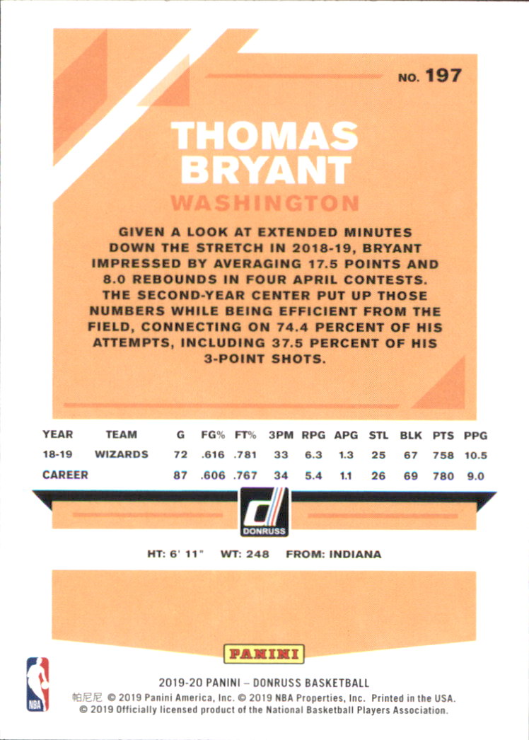 2019-20 Donruss #197 Thomas Bryant back image