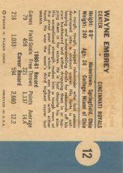 1961-62 Fleer #12 Wayne Embry RC back image