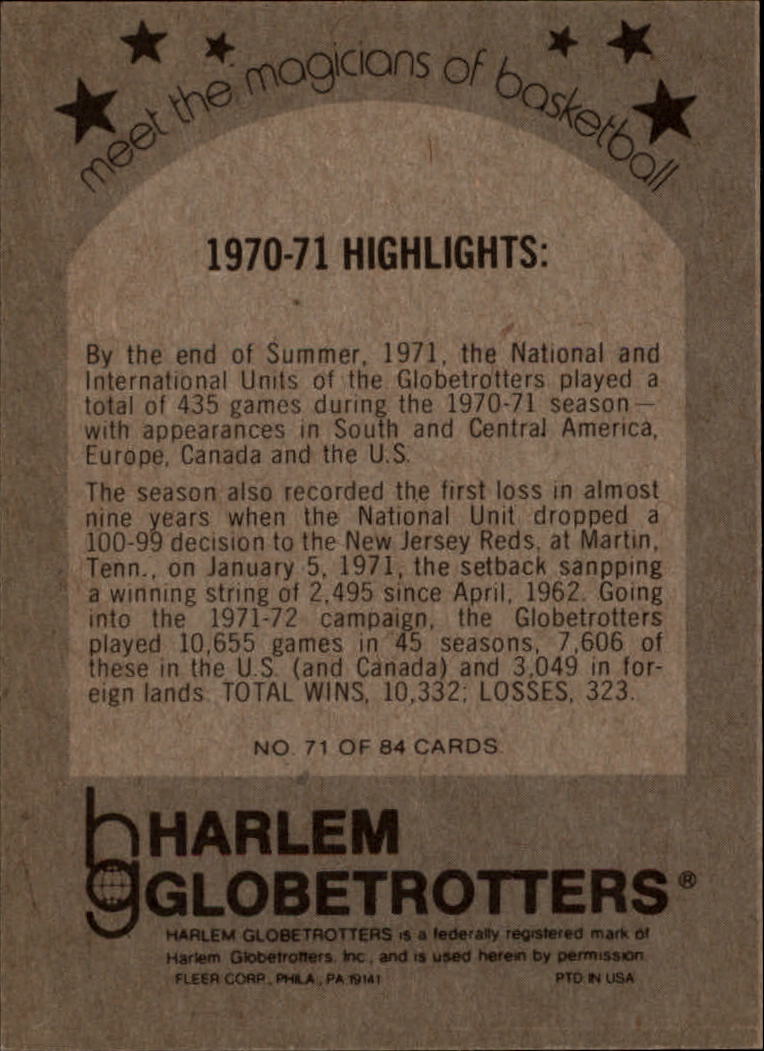 1971-72 Globetrotters 84 #71 1970-71 Highlights/(baseball act) back image