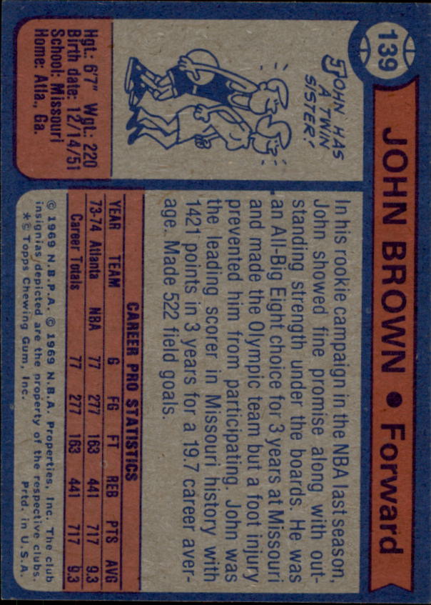 1974-75 Topps #139 John Brown back image