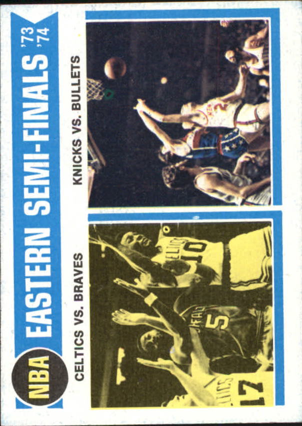 1974-75 Topps #161 NBA Eastern Semis/Celts over Braves/Knicks edge Bullets