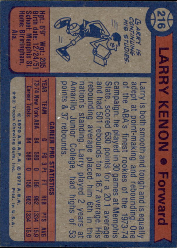 1974-75 Topps #216 Larry Kenon RC back image