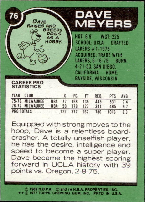 1977-78 Topps #76 Dave Meyers back image