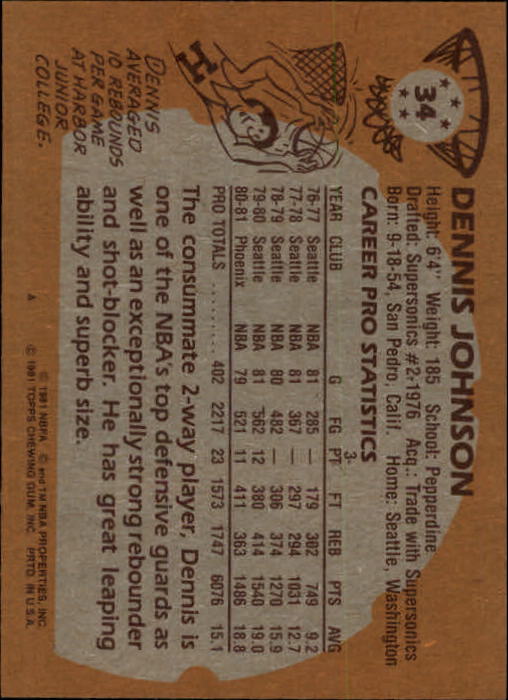 1981-82 Topps #34 Dennis Johnson back image