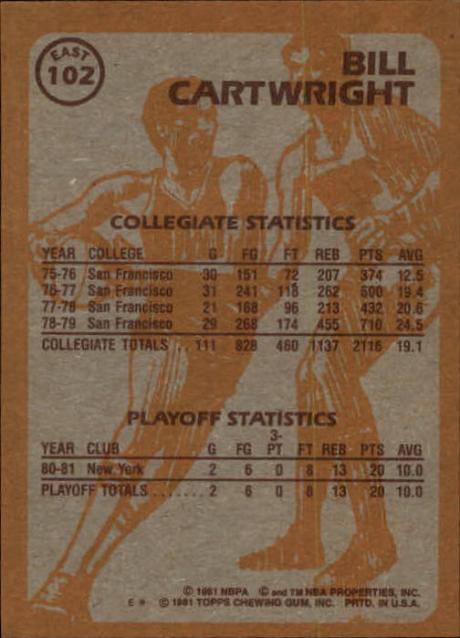 1981-82 Topps #E102 Bill Cartwright SA back image