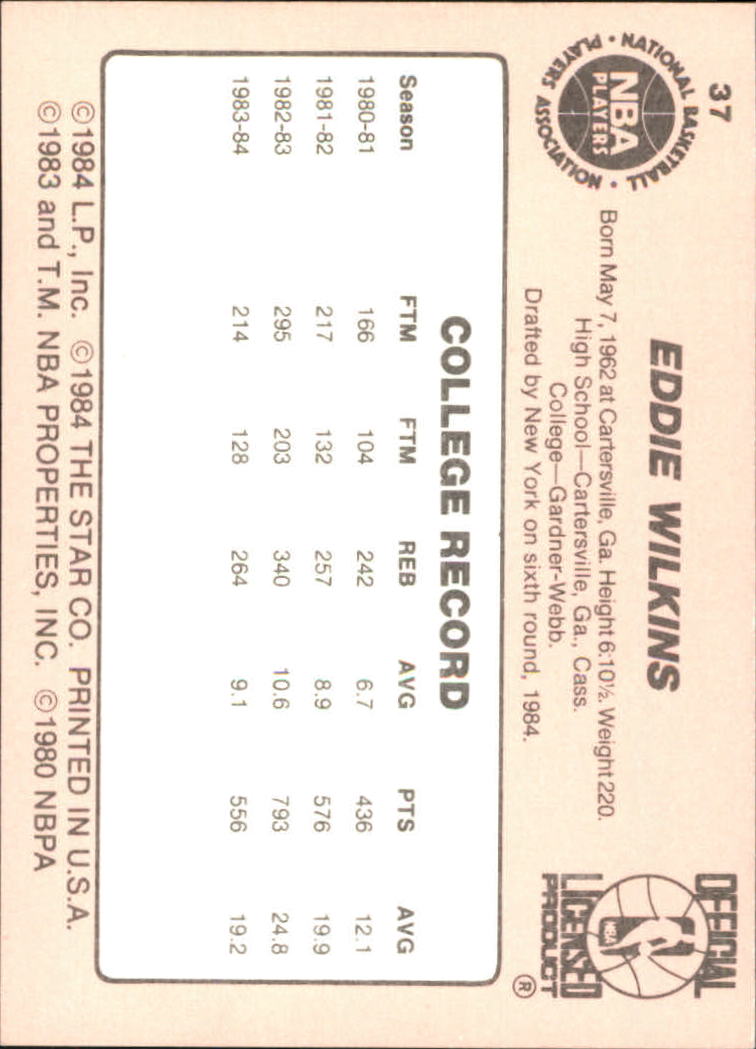 1984-85 Star #37 Eddie Lee Wilkins XRC back image