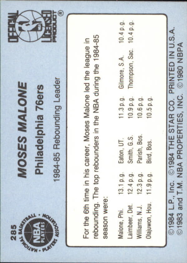1984-85 Star #285 Moses Malone SPEC ! back image