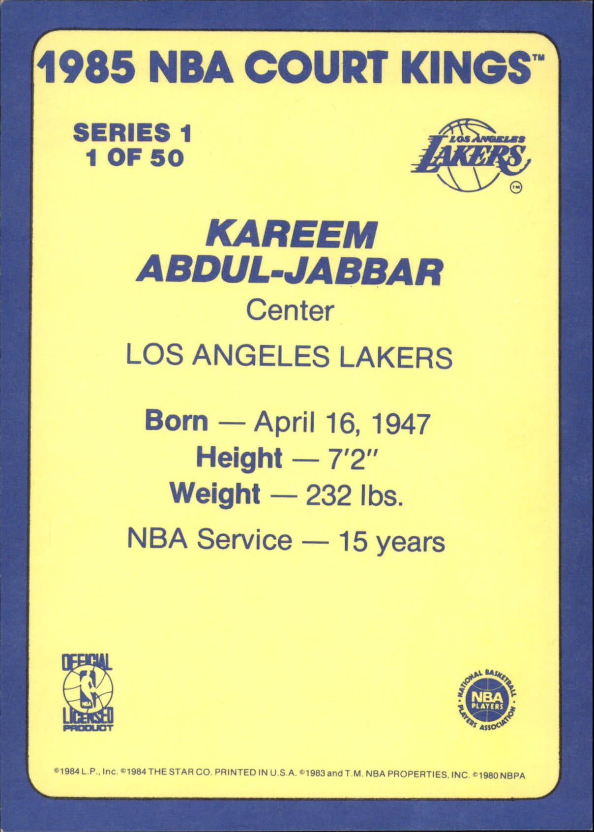 1984-85 Star Court Kings 5x7 #1 Kareem Abdul-Jabbar back image