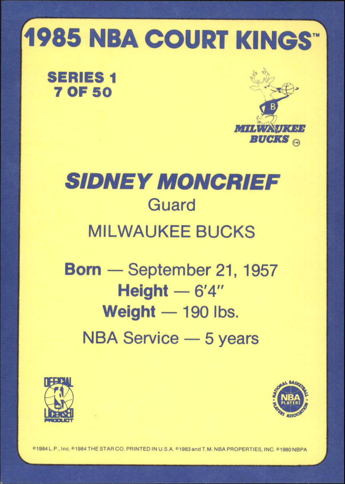 1984-85 Star Court Kings 5x7 #7 Sidney Moncrief back image