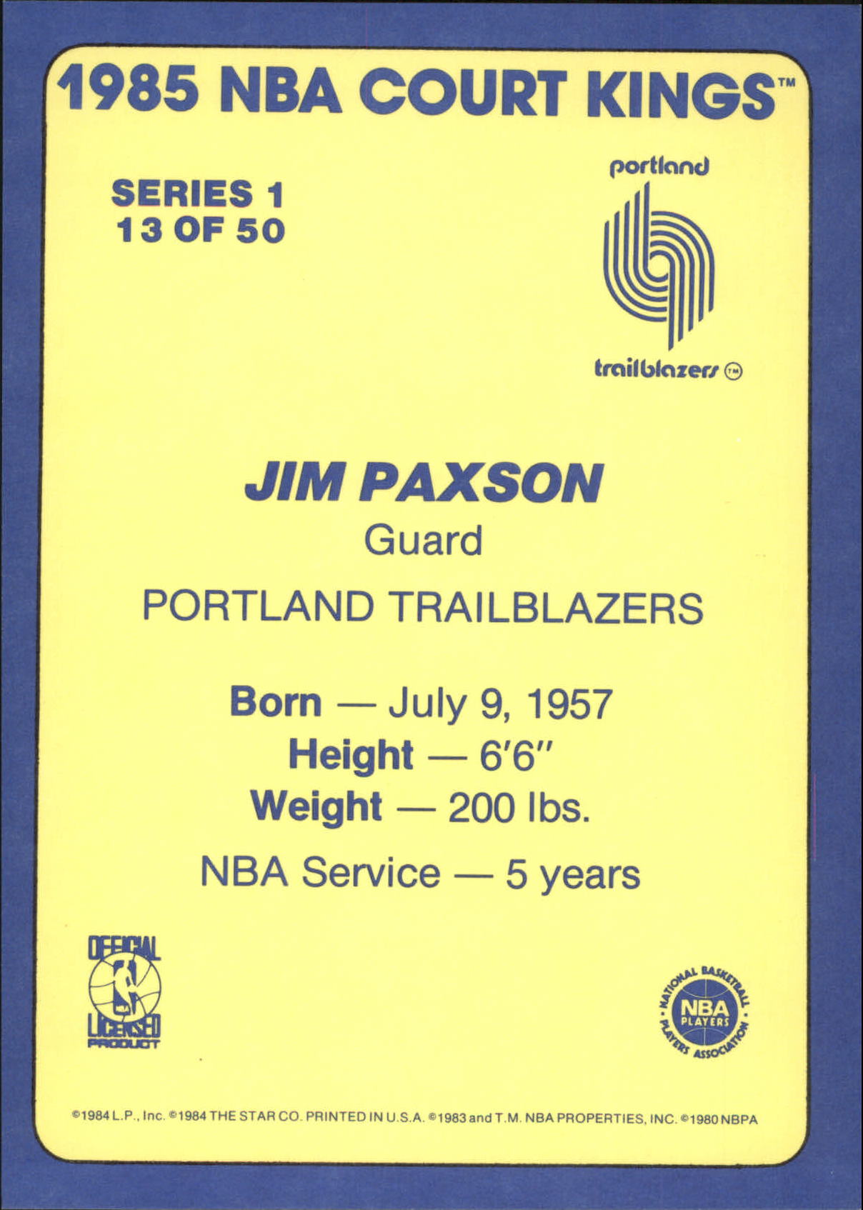 1984-85 Star Court Kings 5x7 #13 Jim Paxson