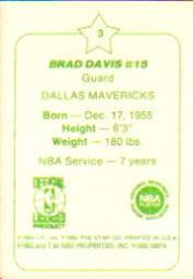 1984-85 Star Arena #B3 Brad Davis back image
