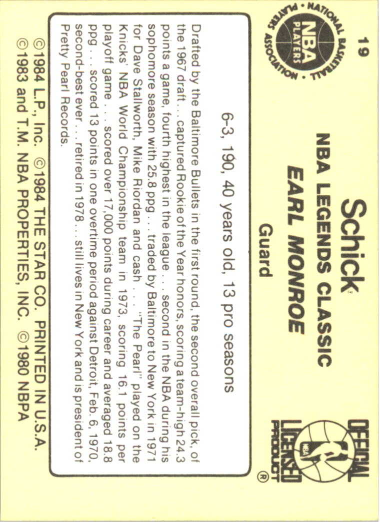 1985 Star Schick Legends #19 Earl Monroe back image