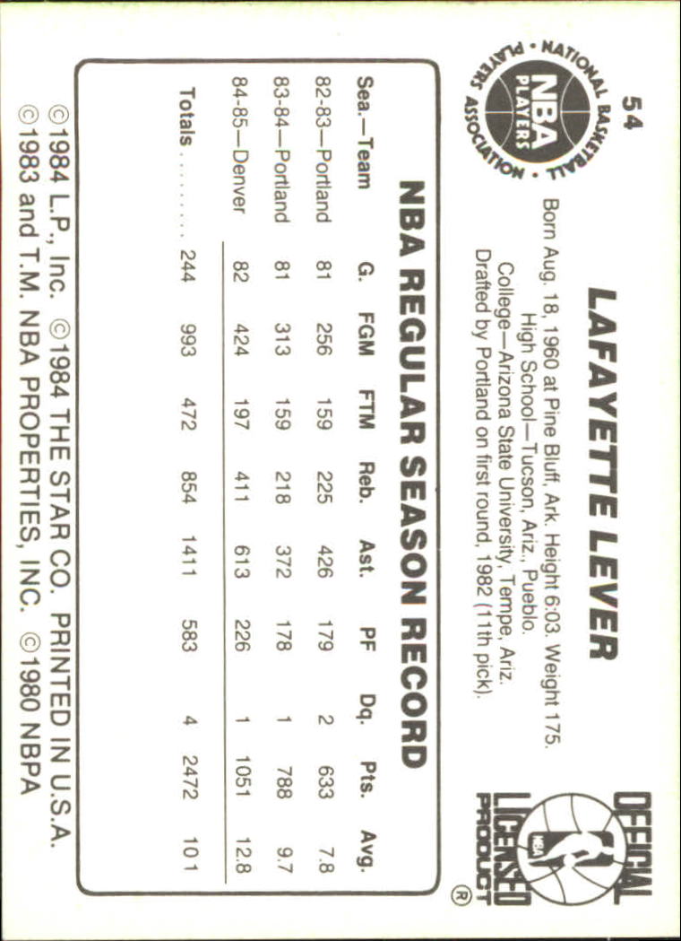 1985-86 Star #54 Lafayette Lever back image