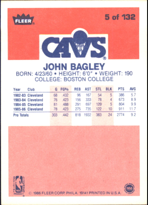 1986-87 Fleer #5 John Bagley RC back image