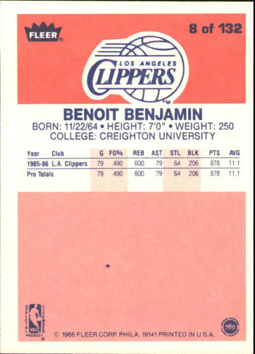 1986-87 Fleer #8 Benoit Benjamin RC back image