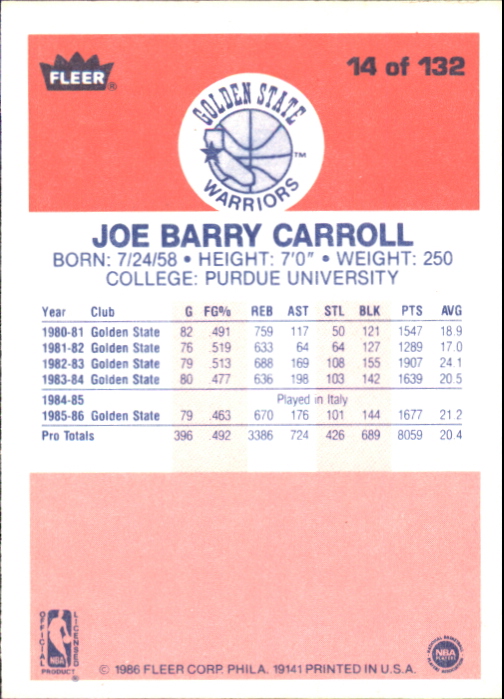 1986-87 Fleer #14 Joe Barry Carroll back image
