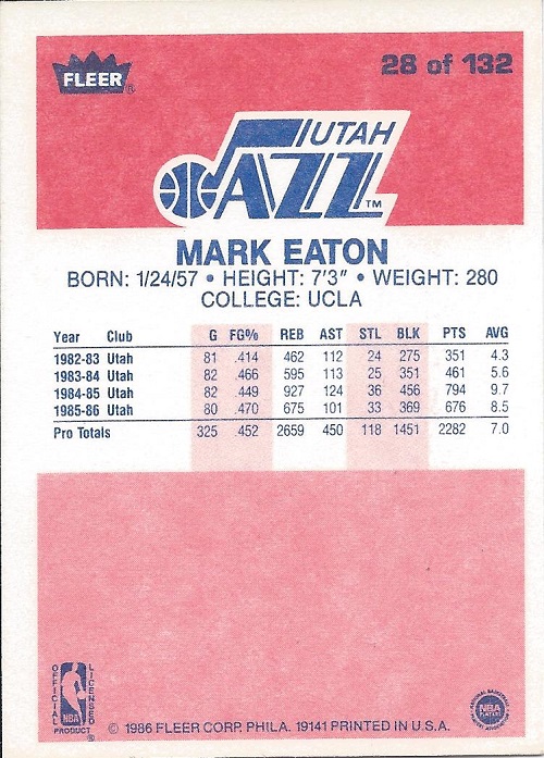 1986-87 Fleer #28 Mark Eaton RC back image