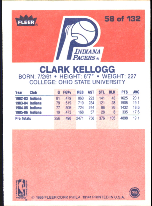 1986-87 Fleer #58 Clark Kellogg RC back image