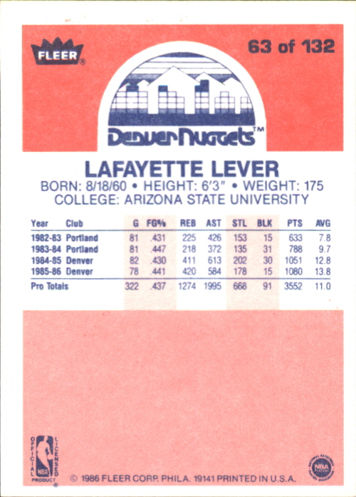 1986-87 Fleer #63 Lafayette Lever RC back image