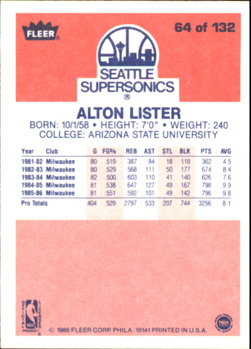 1986-87 Fleer #64 Alton Lister back image