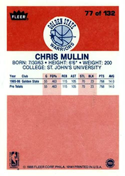1986-87 Fleer #77 Chris Mullin RC back image