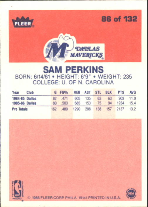 1986-87 Fleer #86 Sam Perkins RC back image