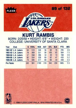 1986-87 Fleer #89 Kurt Rambis RC back image