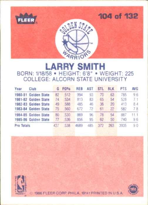 1986-87 Fleer #104 Larry Smith back image