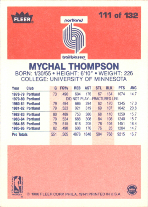 1986-87 Fleer #111 Mychal Thompson back image