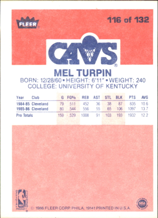 1986-87 Fleer #116 Mel Turpin back image