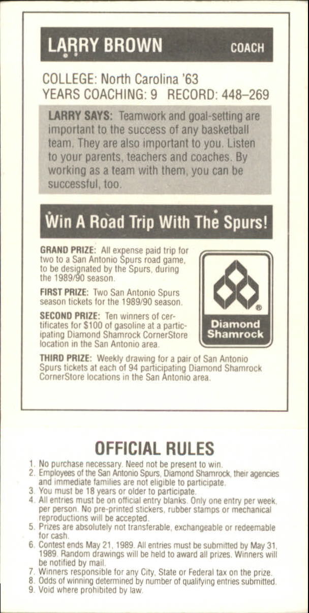 1988-89 Spurs Police/Diamond Shamrock #4 Larry Brown CO back image