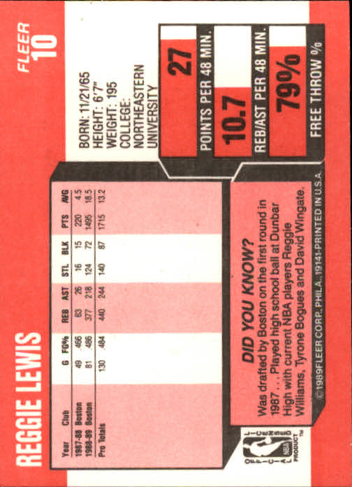 1989-90 Fleer #10 Reggie Lewis RC back image