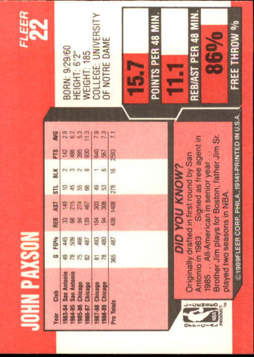 1989-90 Fleer #22 John Paxson back image