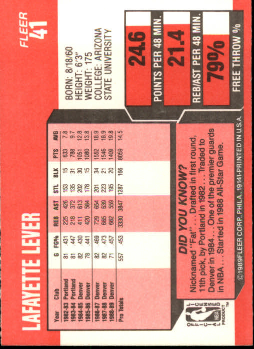 1989-90 Fleer #41 Lafayette Lever back image