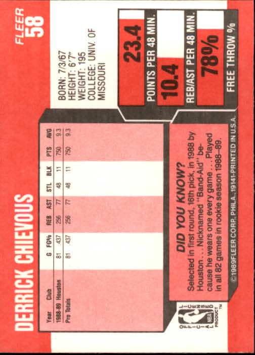 1989-90 Fleer #58 Derrick Chievous UER/(Stats correctly say 81 games in '88-89,/text says 82) back image
