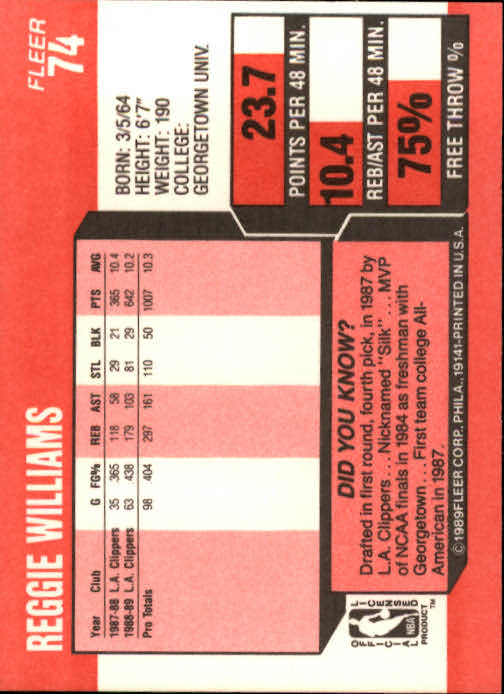 1989-90 Fleer #74 Reggie Williams RC back image
